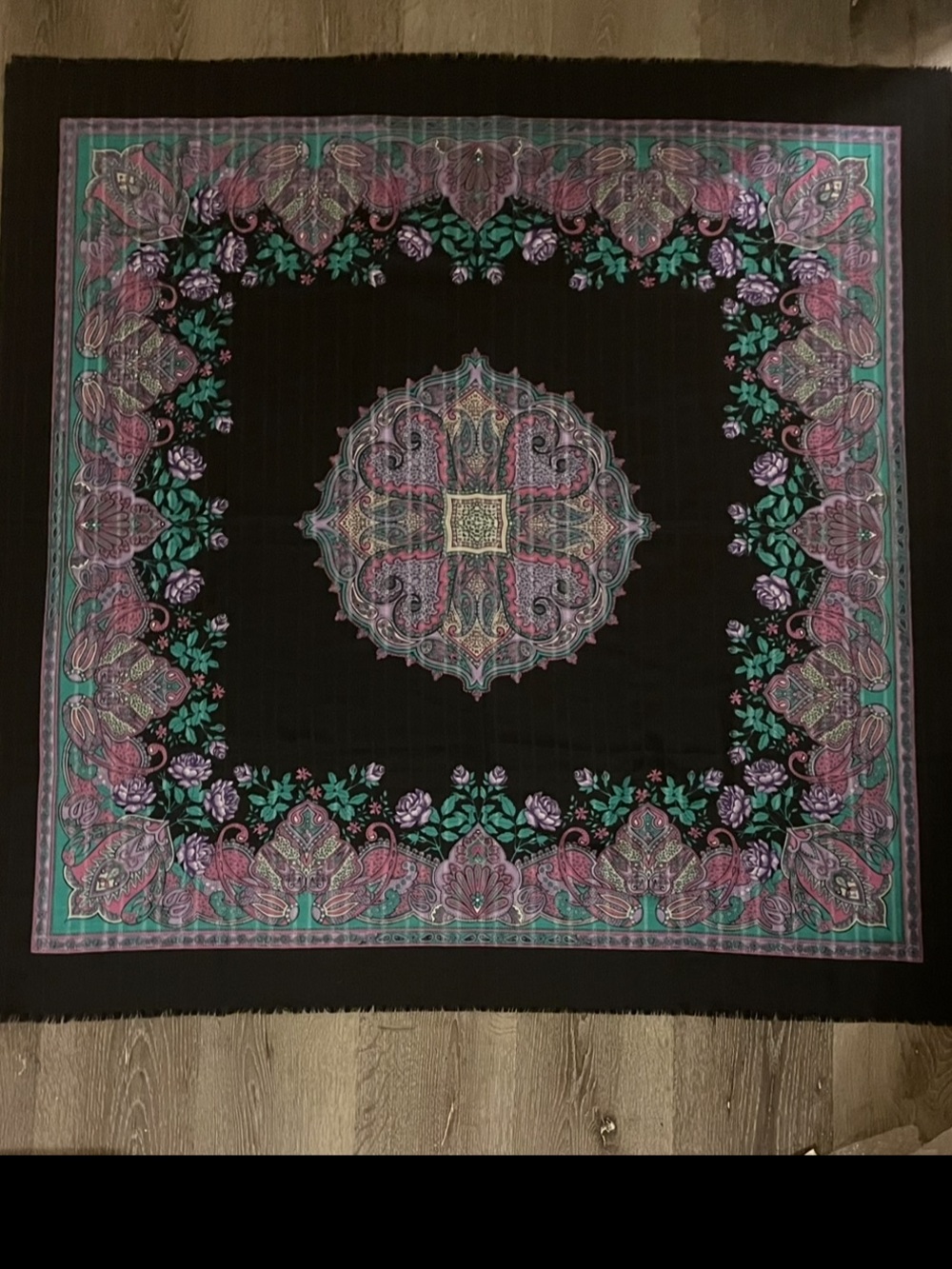 Vintage Made in Italy Black/Purple/Teal Sheer Floral Scarf EUC